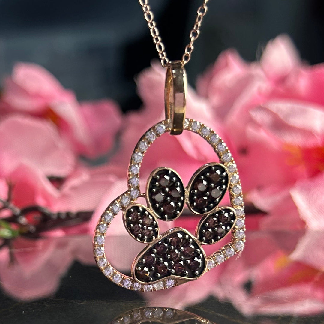 Brown Diamond and White Diampnd Paw Pendant- Animal Lover Necklace- Heart Shaped Pendane with 18" Chain