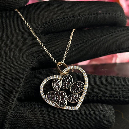 Brown Diamond and White Diampnd Paw Pendant- Animal Lover Necklace- Heart Shaped Pendane with 18" Chain