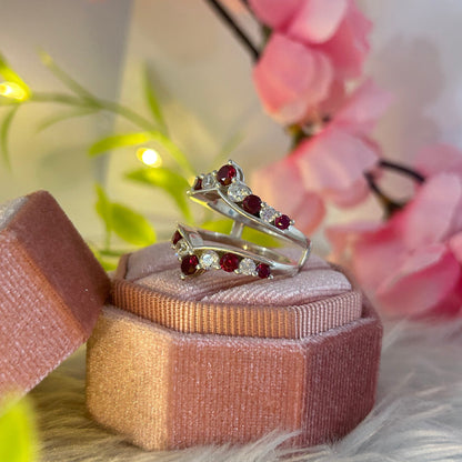 CRIMSON Alternating White Diamond and Red Garnet Ring Guard- Engagement ring Wrap