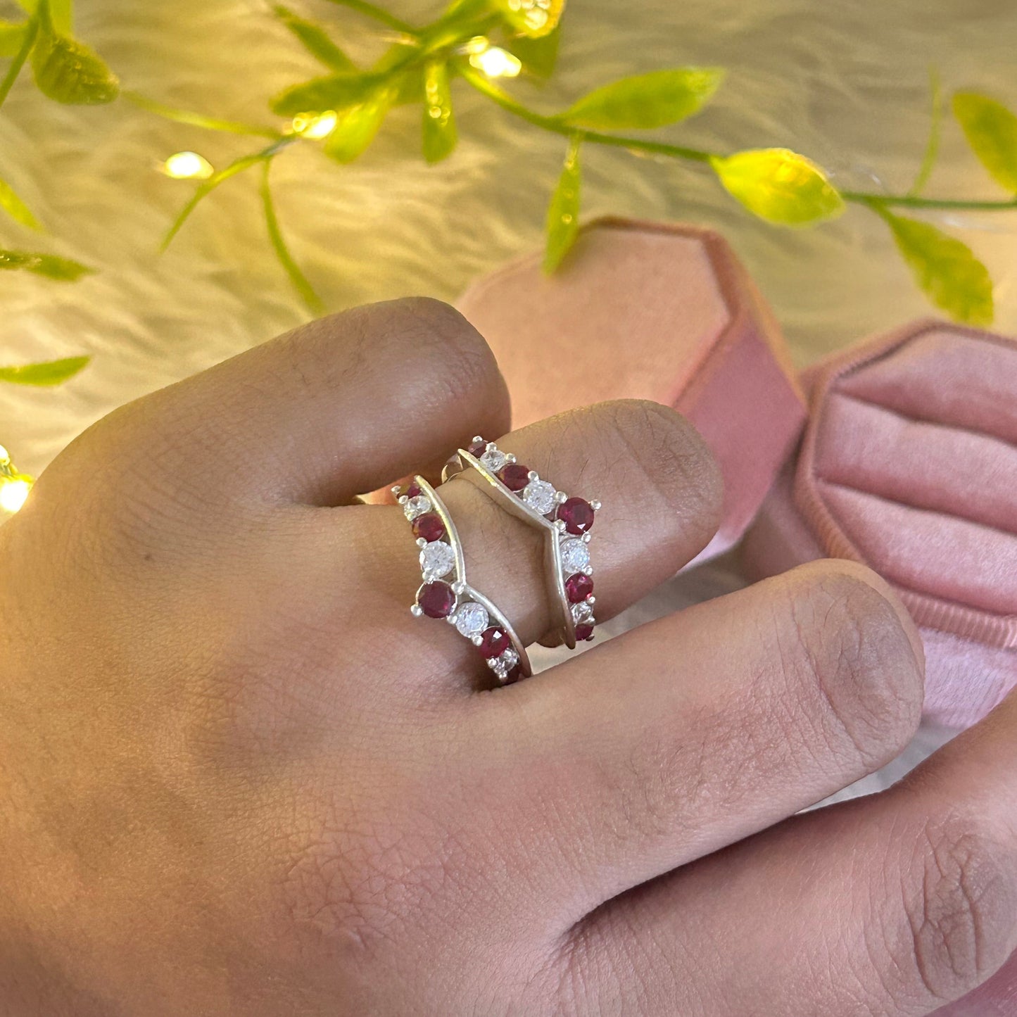 CRIMSON Alternating White Diamond and Red Garnet Ring Guard- Engagement ring Wrap