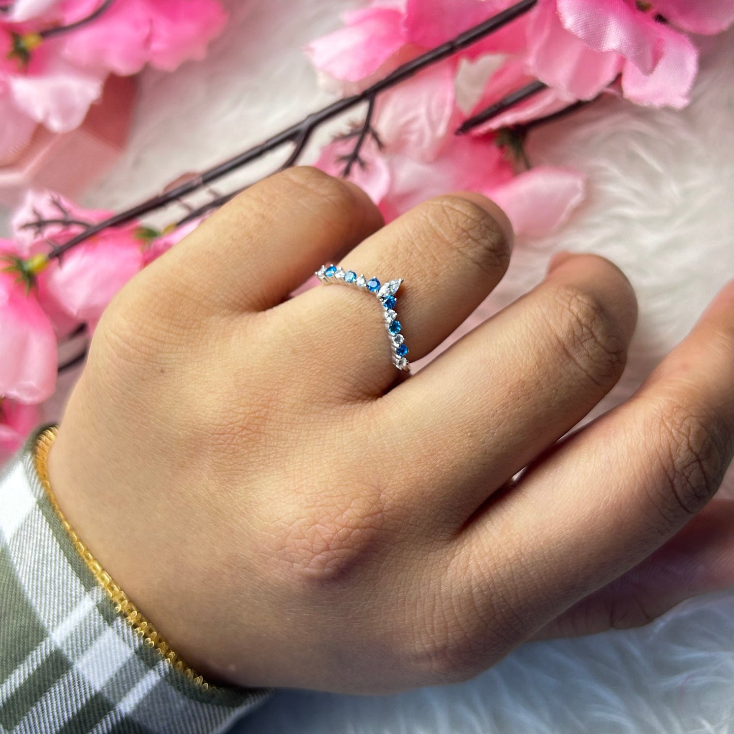 Chevron White and Blue Toapz Stacking Ring Wedding Band 14K White Gold Vermeil Engagement Ring