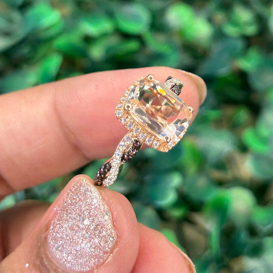 Cushion Cut and Round Cut Morganite and Brown Diamond Vintage Ring- Promise Ring - 14K Rose Gold Over