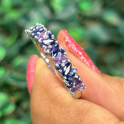 AURORA Blue Sapphire & Purple Amethyst Engagement Ring- Modern Eternity Wedding Band