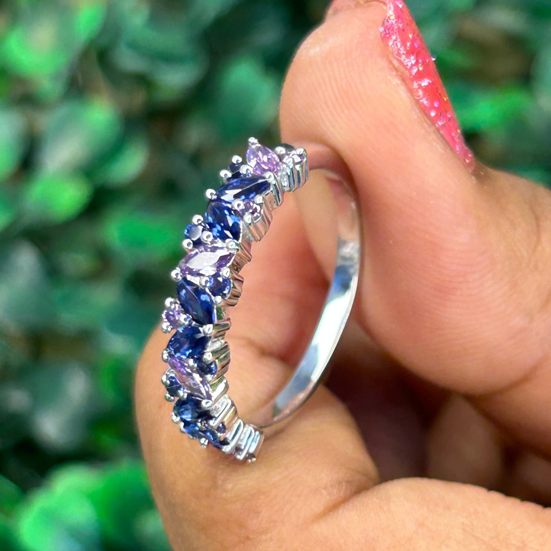 AURORA Blue Sapphire & Purple Amethyst Engagement Ring- Modern Eternity Wedding Band