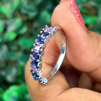 AURORA Blue Sapphire & Purple Amethyst Engagement Ring- Modern Eternity Wedding Band