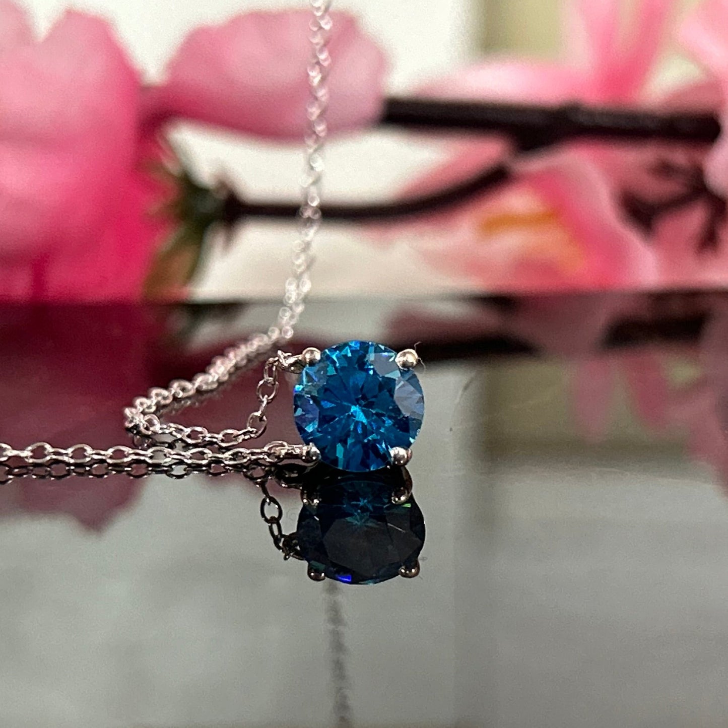 Blue Topaz Pendant- November Birthstone Charm Solitaire Necklace With 18" Inch Chain