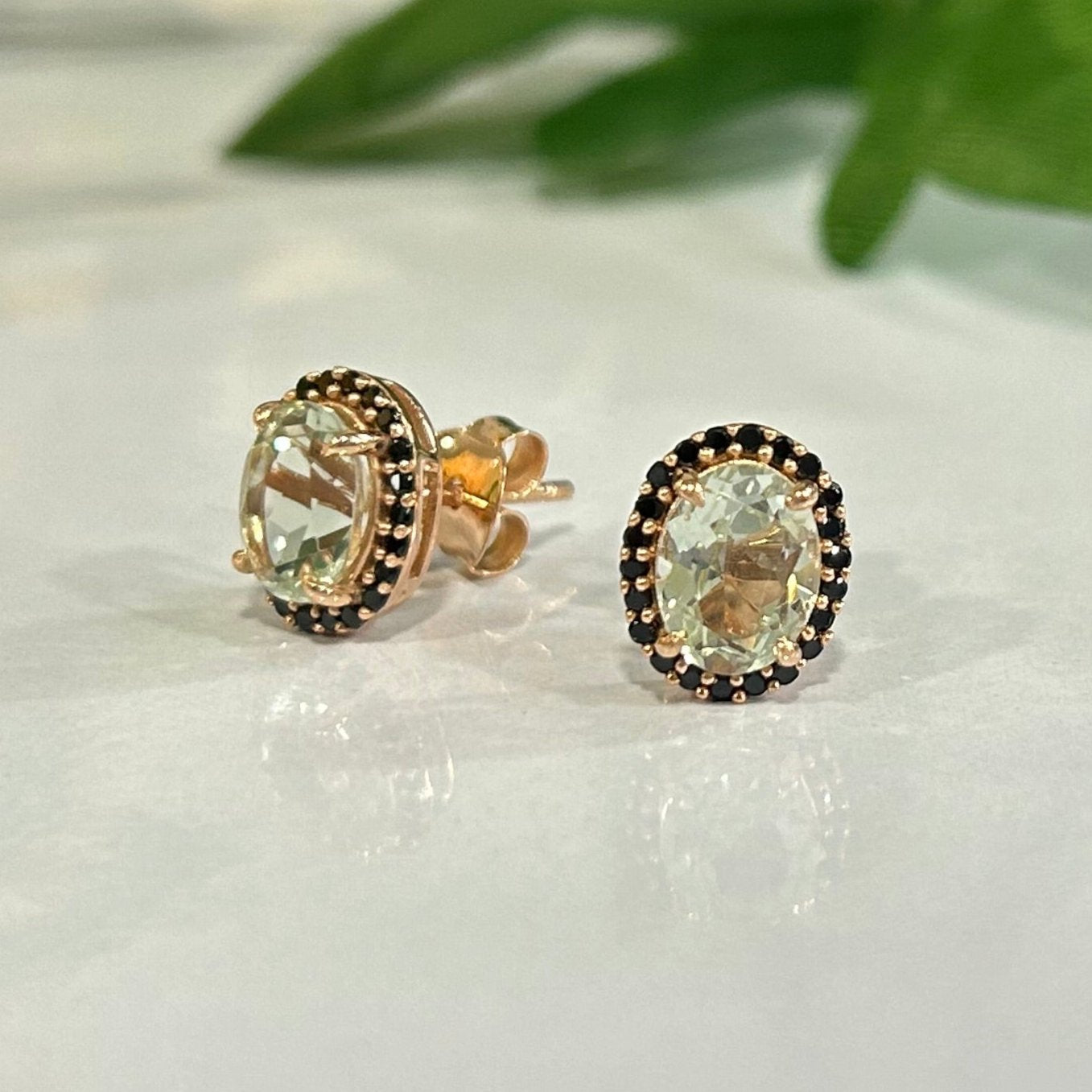 Natural Green Amethyst and Black Diamond Stud- Halo Stud Earring- 925 Sterling Silver Stud Earring