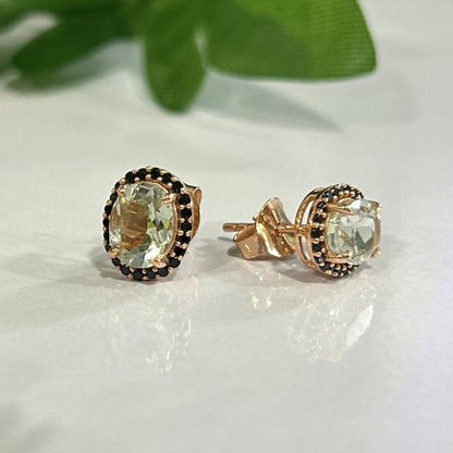 Natural Green Amethyst and Black Diamond Stud- Halo Stud Earring- 925 Sterling Silver Stud Earring