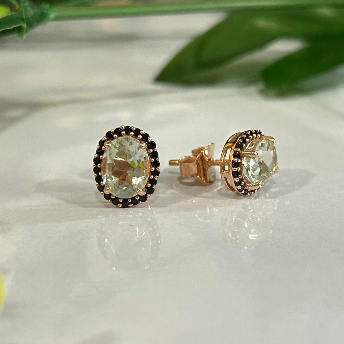 Natural Green Amethyst and Black Diamond Stud- Halo Stud Earring- 925 Sterling Silver Stud Earring