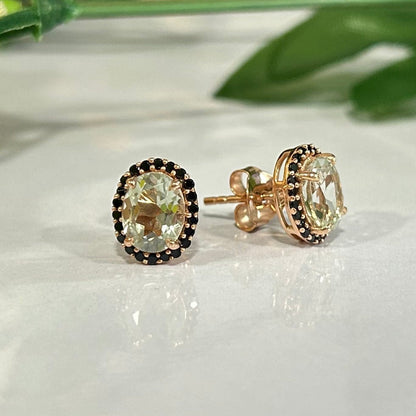 Natural Green Amethyst and Black Diamond Stud- Halo Stud Earring- 925 Sterling Silver Stud Earring