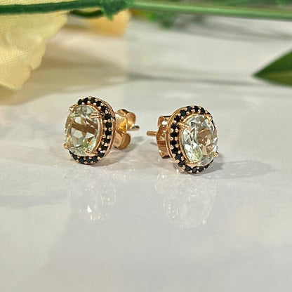 Natural Green Amethyst and Black Diamond Stud- Halo Stud Earring- 925 Sterling Silver Stud Earring