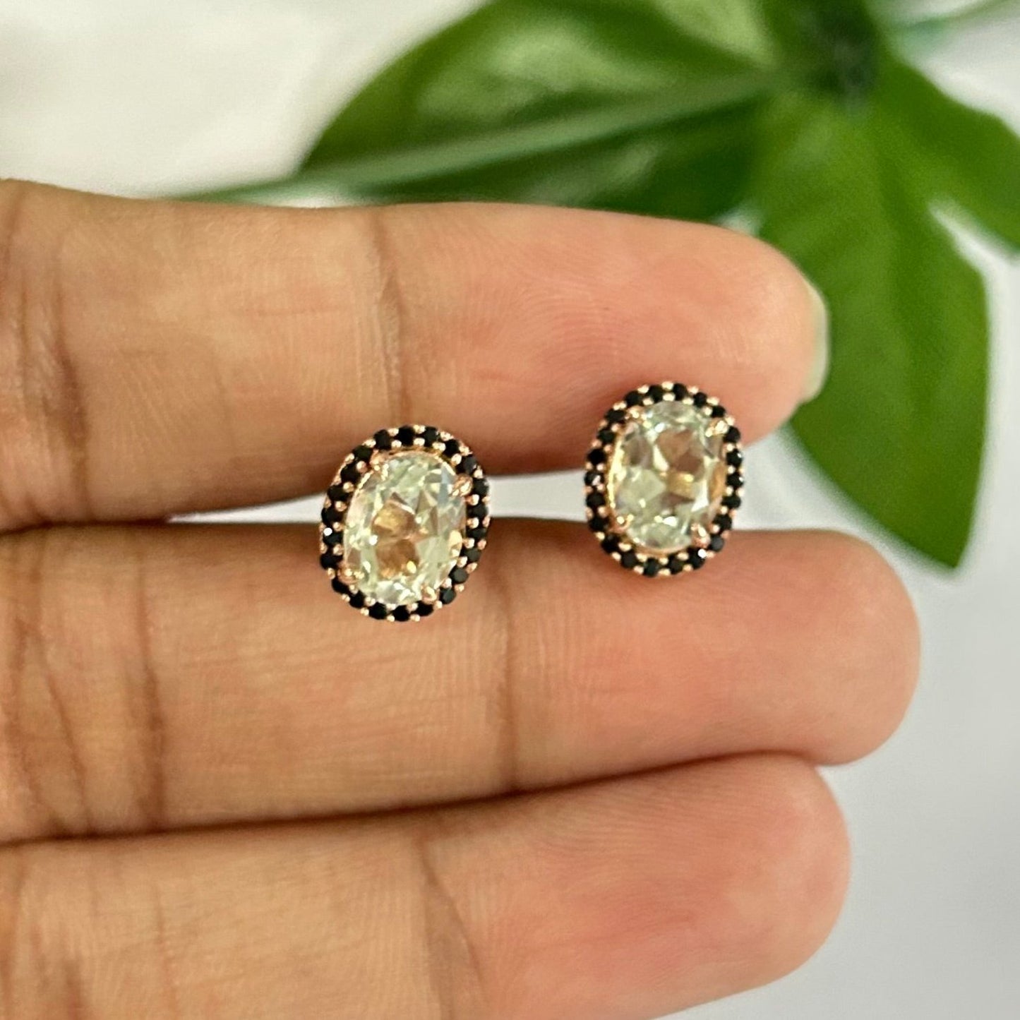 Natural Green Amethyst and Black Diamond Stud- Halo Stud Earring- 925 Sterling Silver Stud Earring