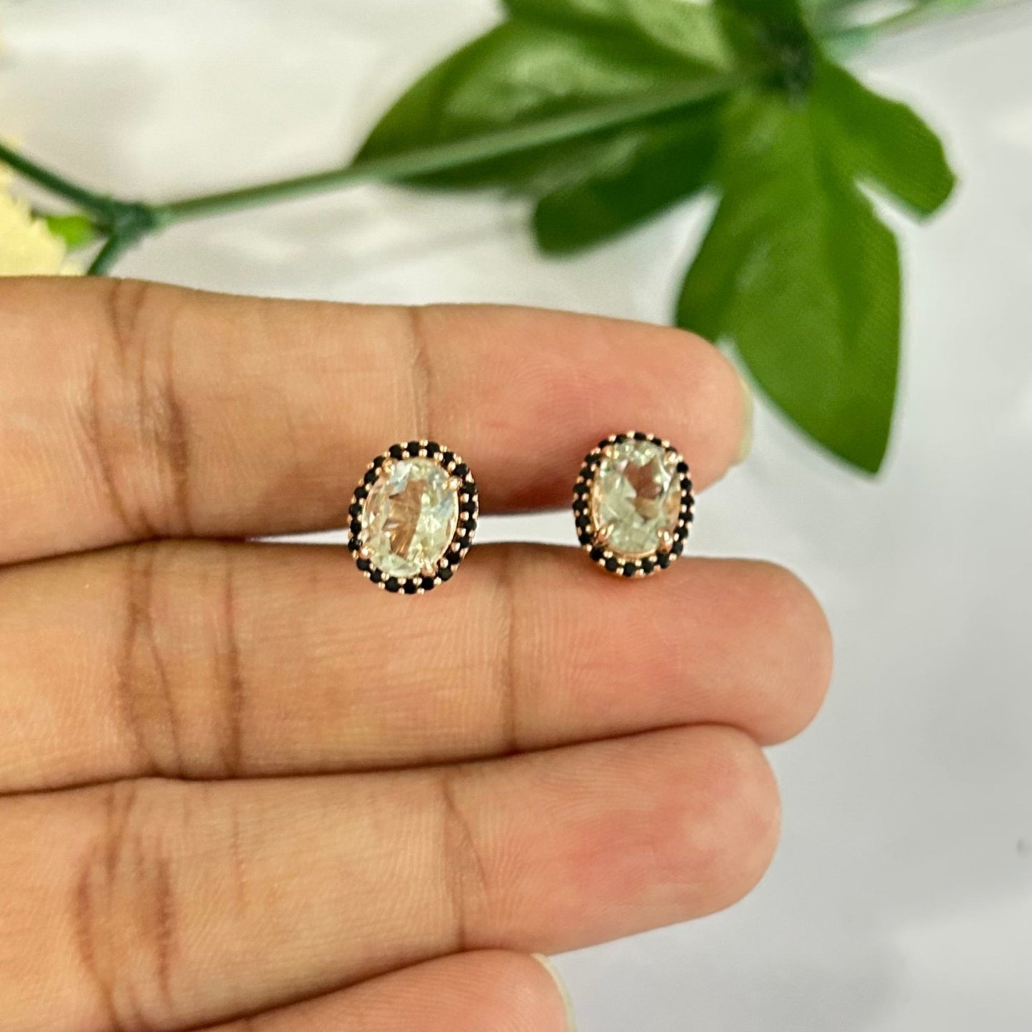 Natural Green Amethyst and Black Diamond Stud- Halo Stud Earring- 925 Sterling Silver Stud Earring