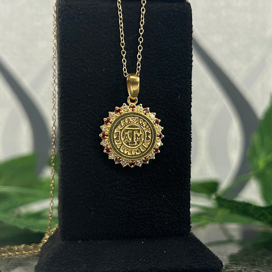 Red Garnet and White Diamond Aggie Coin Pendant- Texas A&M Aggie Pendant With 18" Chain