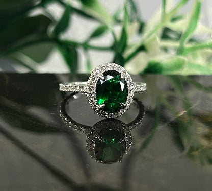 Teal Emerald Wedding Ring- Halo Diamond Engagement Ring 14K White Gold Vermeil