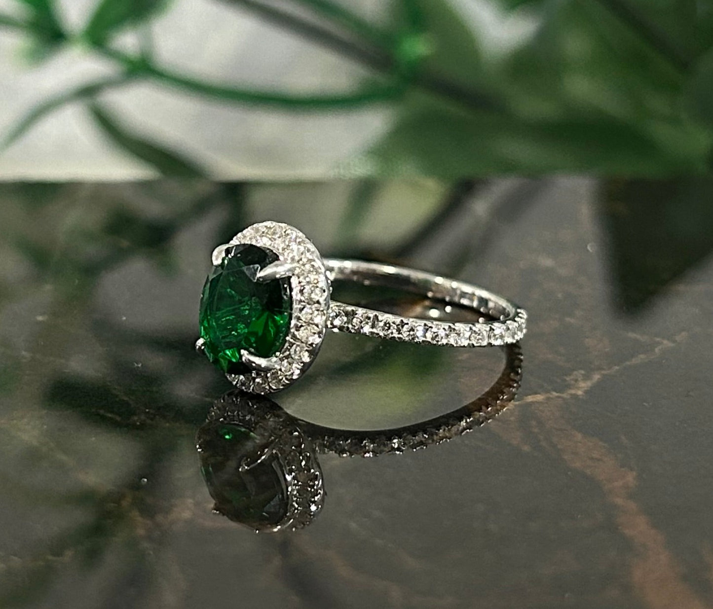 Teal Emerald Wedding Ring- Halo Diamond Engagement Ring 14K White Gold Vermeil