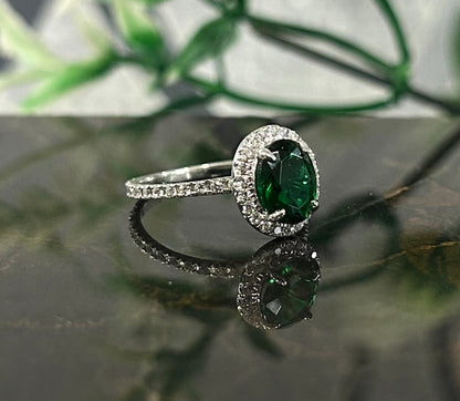 Teal Emerald Wedding Ring- Halo Diamond Engagement Ring 14K White Gold Vermeil