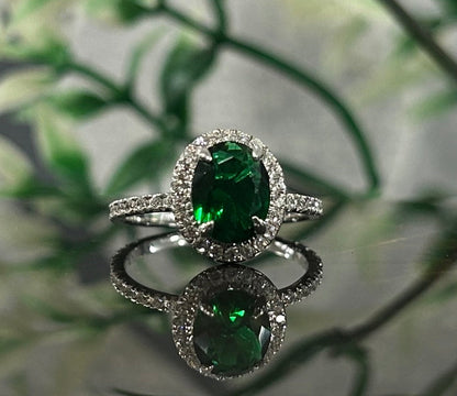 Teal Emerald Wedding Ring- Halo Diamond Engagement Ring 14K White Gold Vermeil