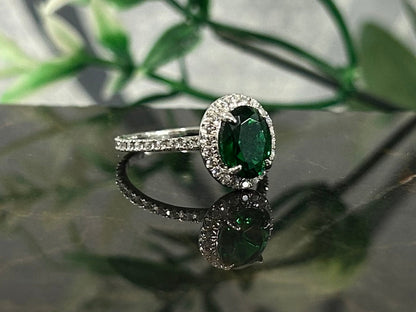 Teal Emerald Wedding Ring- Halo Diamond Engagement Ring 14K White Gold Vermeil