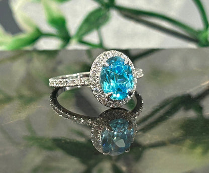 Deep Sea Aquamarine Engagement Ring 925 Sterling Silver Halo Diamond Wedding Ring