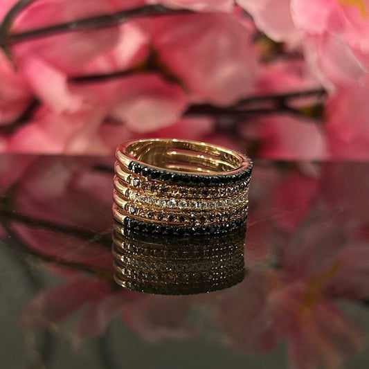 SCARLET Natural Brown Diamond, Black and White Diamond Stacked Engagement Ring in 925 Sterling Silver