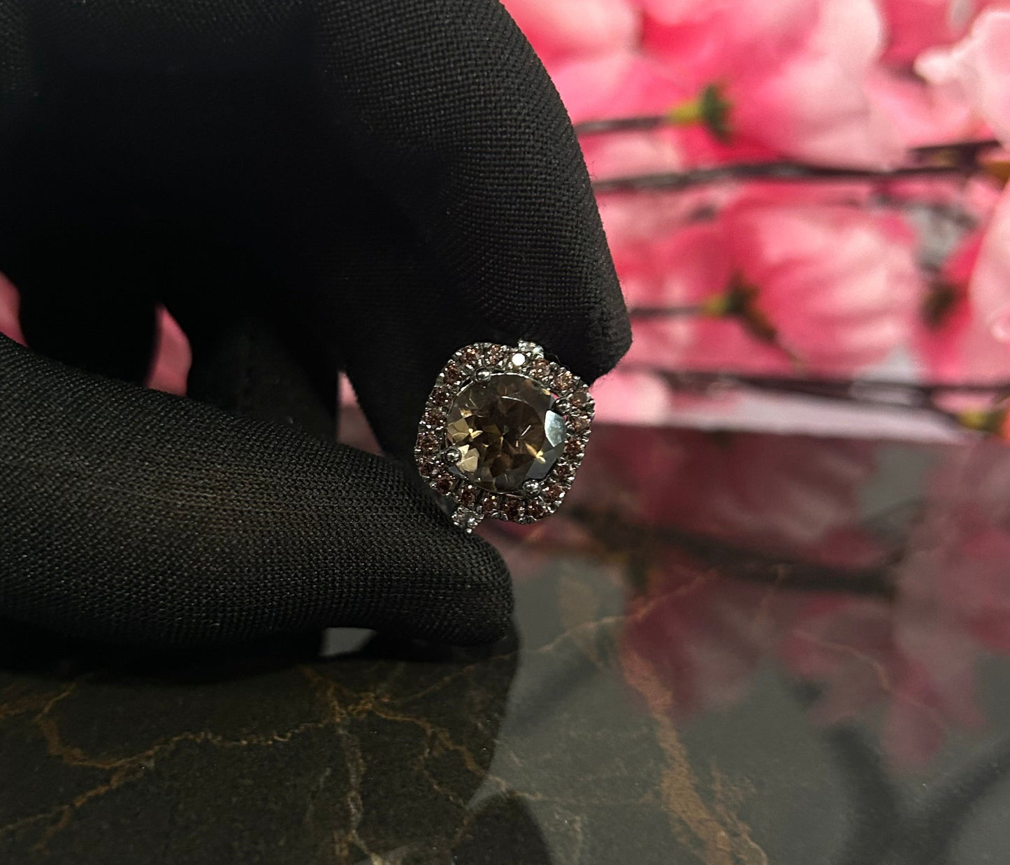 Brown Diamond Wedding Ring- Halo Engagement Ring for Women- Smoky Quartz Ring