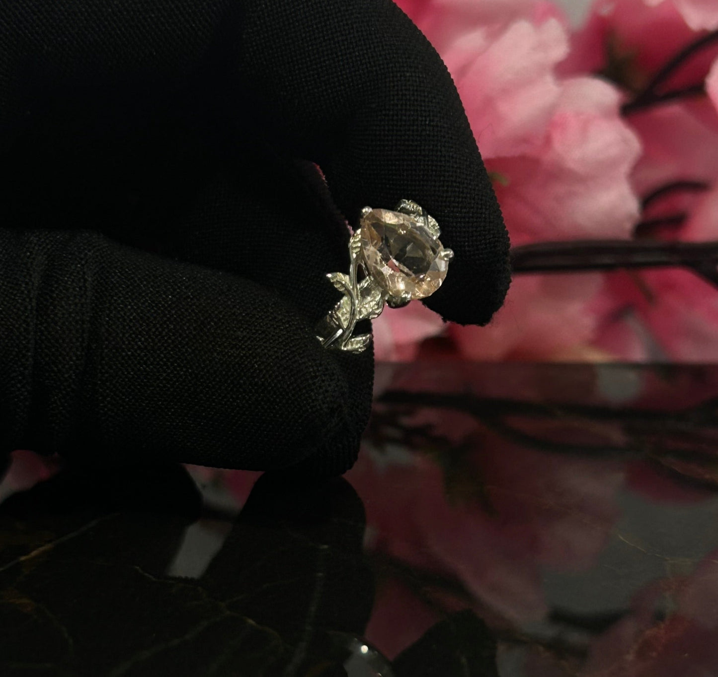 Pear Cut Peach Morganite Leaf Wedding Band Ring in 925 Sterling Silver Delicate Promise Ring for Her