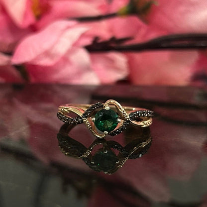 Green Emerald and Natural Brown Diamond Delicate Engagement Ring