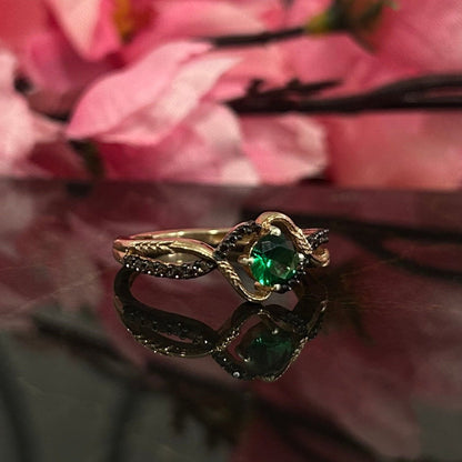 Green Emerald and Natural Brown Diamond Delicate Engagement Ring