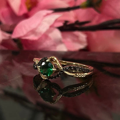 Green Emerald and Natural Brown Diamond Delicate Engagement Ring