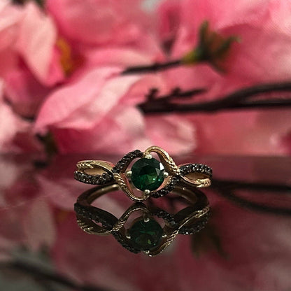 Green Emerald and Natural Brown Diamond Delicate Engagement Ring