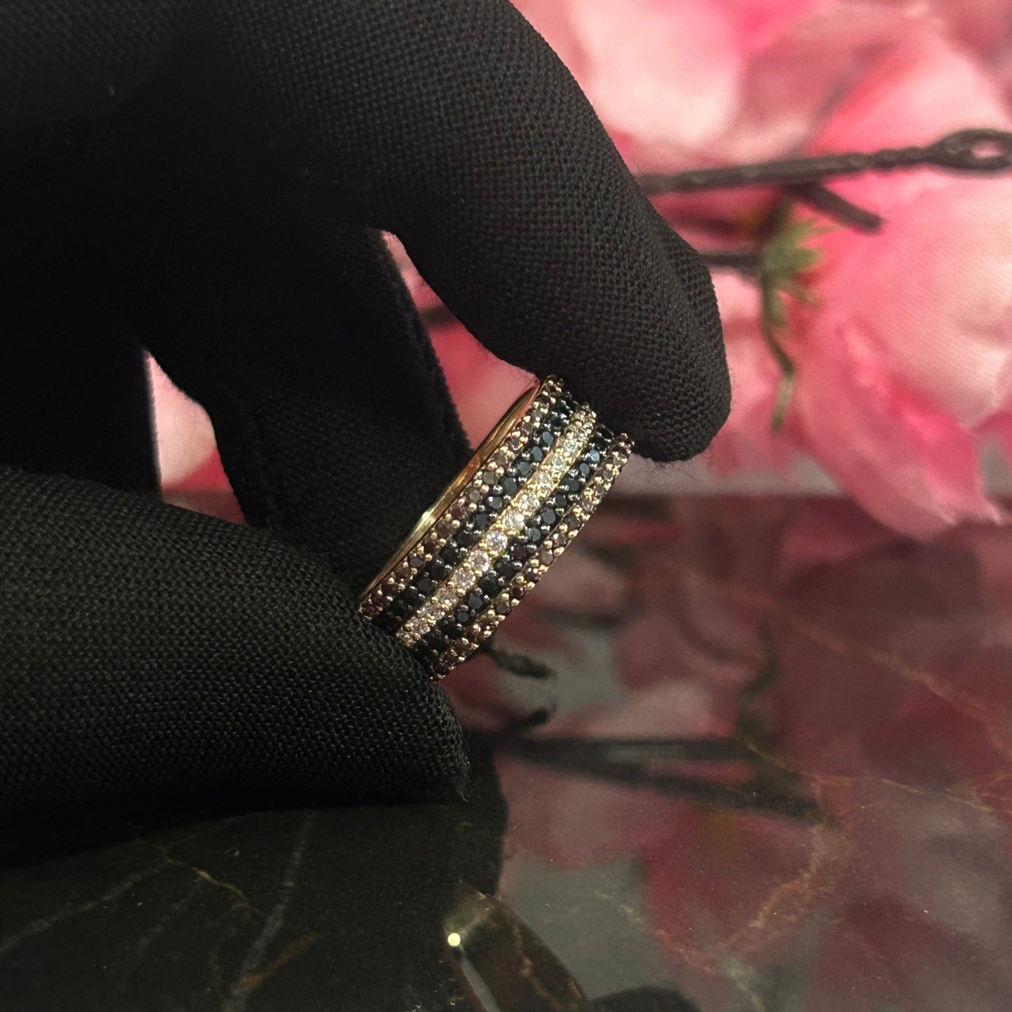 AURA Brown Diamond, Black and White Diamond Wedding Band Ring- Stacked Diamond Band Ring