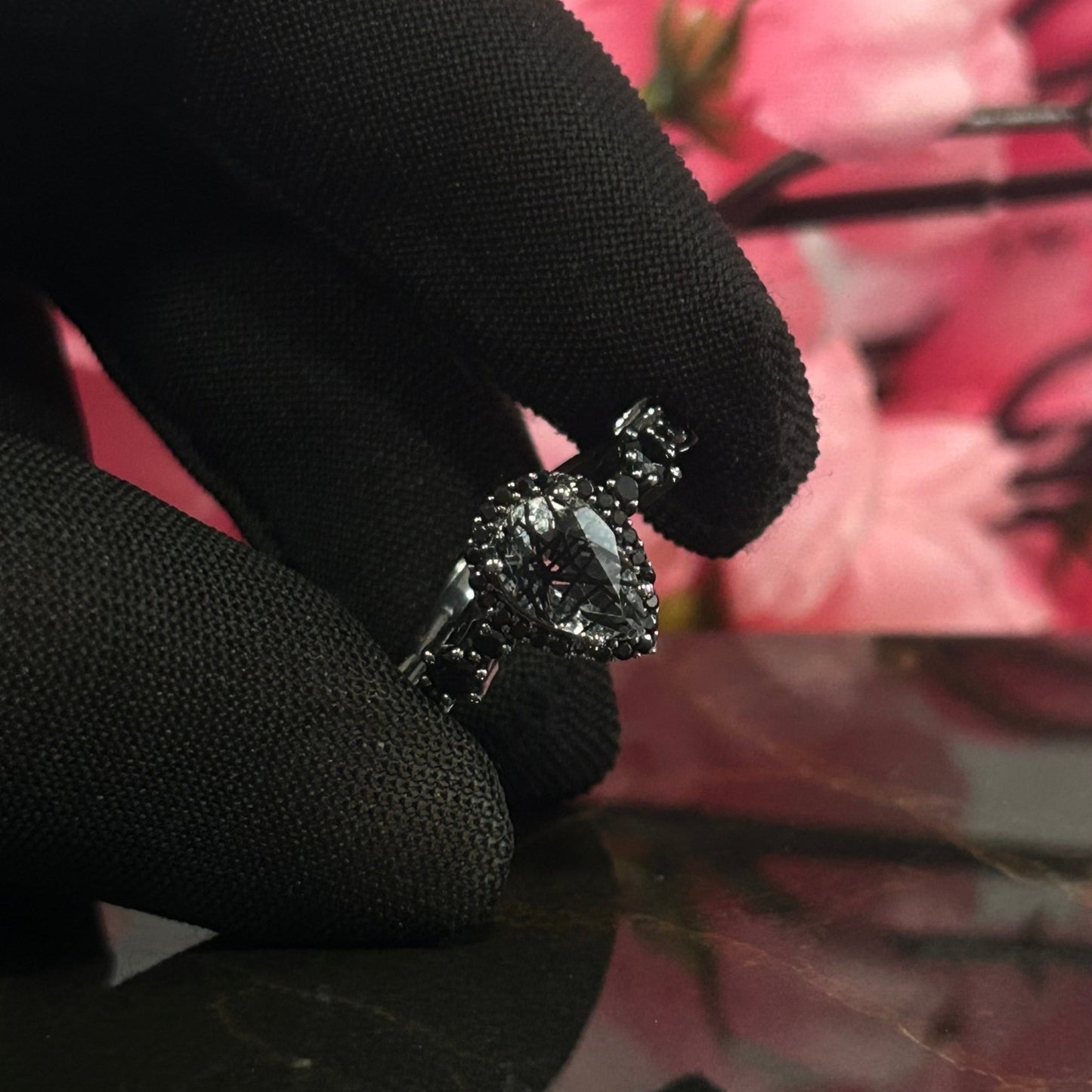 RAVEN Pear Cut Black Rutile Quartz and Black Diamond Wedding Ring- Gothic Engagement Ring For Women