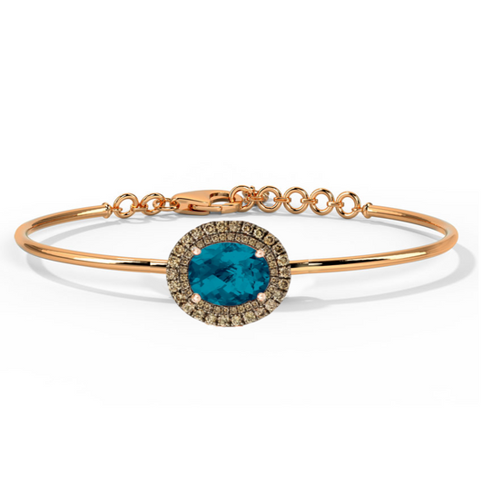 Oval Cut London Blue Topaz and Natural Brown Diamond Bangle Bracelet With Adjustable Chain Extender