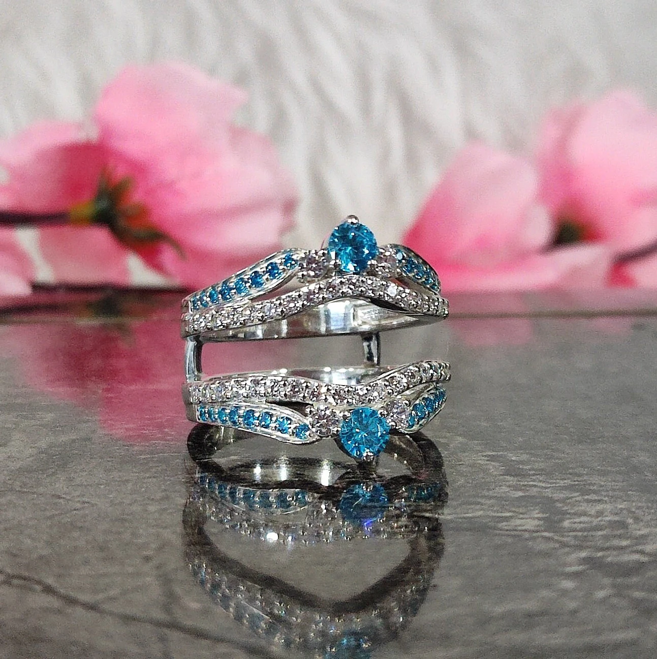 SKYE London Blue Topaz and Sapphire Ring Enhance Wrap- Wedding Ring Guard in 925 Sterling Silver