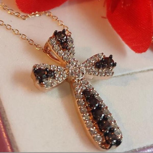 Natural Brown Diamond Cross Pendant for women- Diamond Crucifix Necklace- Handmade Religious Jewelry- Christian Gifts for Mom