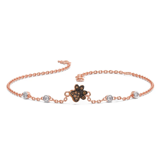 Natural Brown Diamond Paw Print Chain Bracelet Charm Bracelet- Pet Lover Bracelets With Adjustable Extander