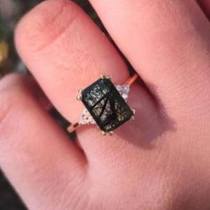 Emerald & Round Cut Black Rutile Quartz Diamond Ring- Solitaire Ring- 14K Yellow Gold Finish