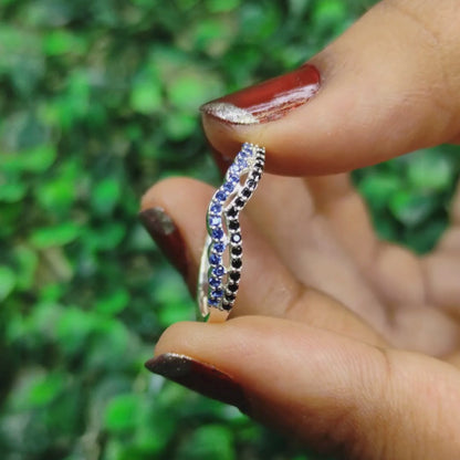 SKYE Blue Sapphire and Black Diamond Curved Engagement Ring- Birthstone Band in 925 Sterling Silver