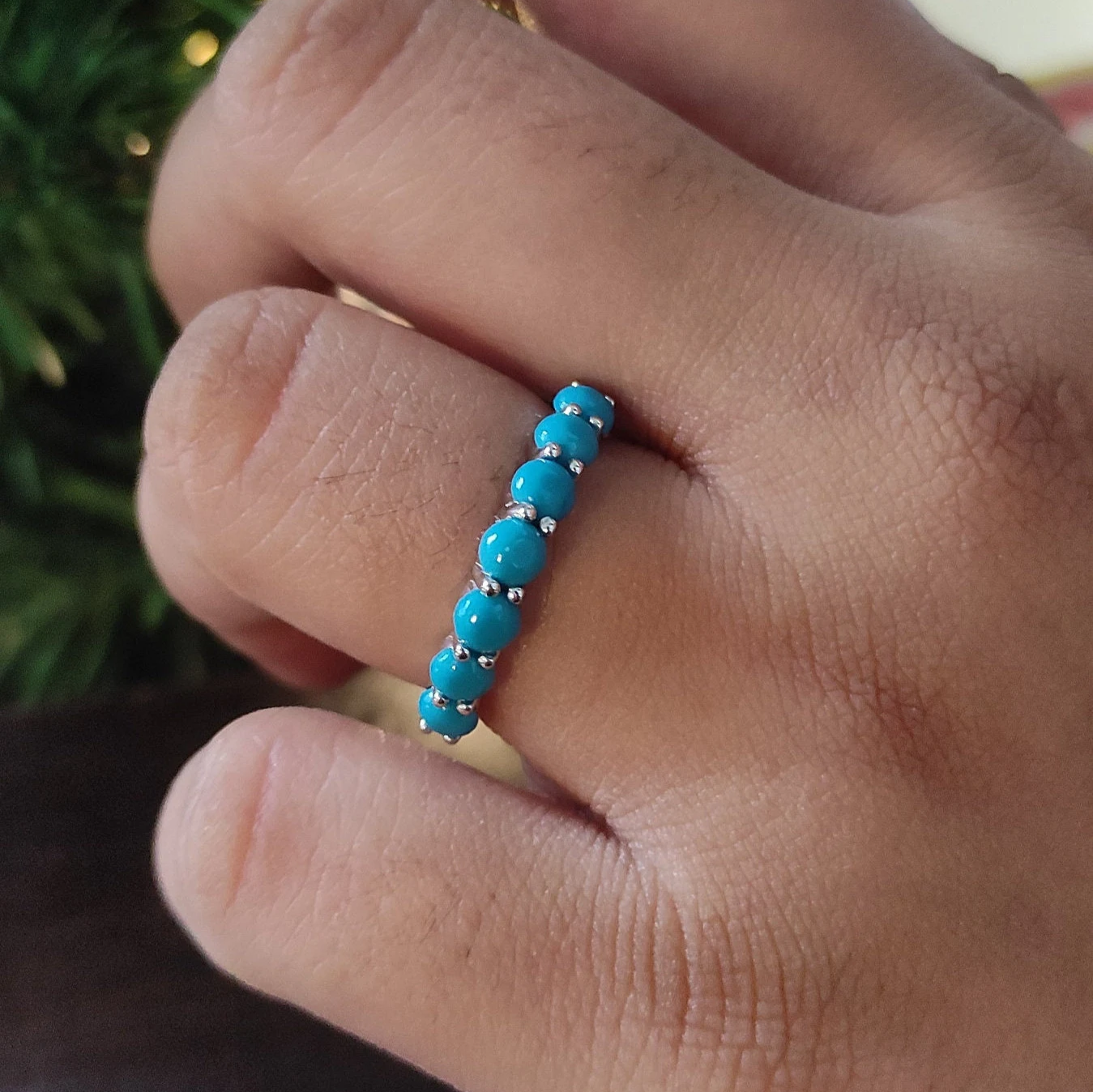 Round Cut Turquoise Half Eternity Band- Curved Ring- 925 Sterling Silver- Turquoise Wedding Ring