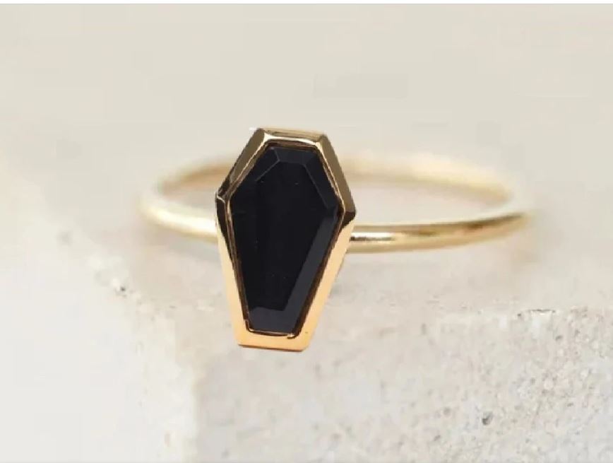 Coffin Cut Black Onyx Engagement Ring- Solitaire Wedding Ring- 14K Yellow Gold Vermeil Gothic Jewelry