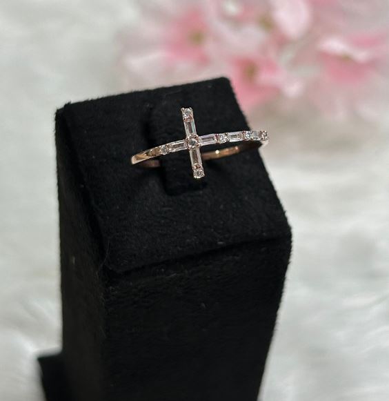 Baguette & Round Cut Diamond Ring- Cross Ring- 925 Sterling Silver- Cross Religious Minimalist Ring