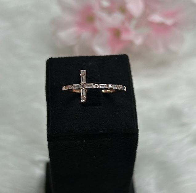 Baguette & Round Cut Diamond Ring- Cross Ring- 925 Sterling Silver- Cross Religious Minimalist Ring